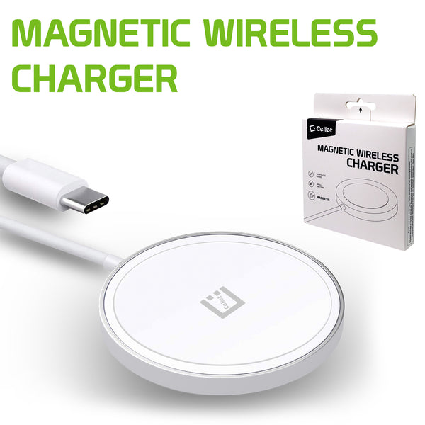 MAGM10 - 15 Watt Fast Charging Magnetic Wireless Charger,  Magnetic Wireless Charger Compatible with QI Enabled Devices (USB-C AC Adapter Not Included) - White