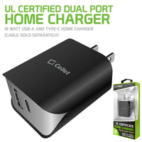 TC180BK - UL Certified Dual Port Home Charger, 18 Watt USB-A and Type-C Home Charger (Cable Sold Separately) Compatible to Samsung Galaxy S21, S21 Plus, S21 Ultra, Tablets, iPads and More – Black