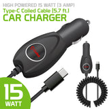 PC3000 - High Powered 15 Watt (3 Amp) Type-C Coiled Cable (5.7 ft.) Car Charger by Cellet - Black