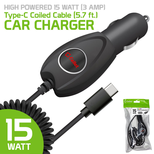 PC3000 - High Powered 15 Watt (3 Amp) Type-C Coiled Cable (5.7 ft.) Car Charger by Cellet - Black