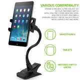PH500 - Tablet/Smartphone Clip Holder, Tablet/iPad & Smartphone Desktop Mount with Heavy Duty Clip, Adjustable Gooseneck and 360 Degree Rotation Compatible to iPhone 12 Pro Max, 12 Pro, Galaxy S21, S21 Plus, iPad Pro, iPad Mini Nintendo Switch and More
