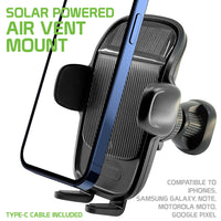 PHSOL187 - Solar Powered Air Vent Mount With 360 Degree Rotation, Auto touch Release and Lock Cradle (Type-C cable Included) Compatible to iPhones Samsung Galaxy, Note, Motorola Moto, Google Pixel