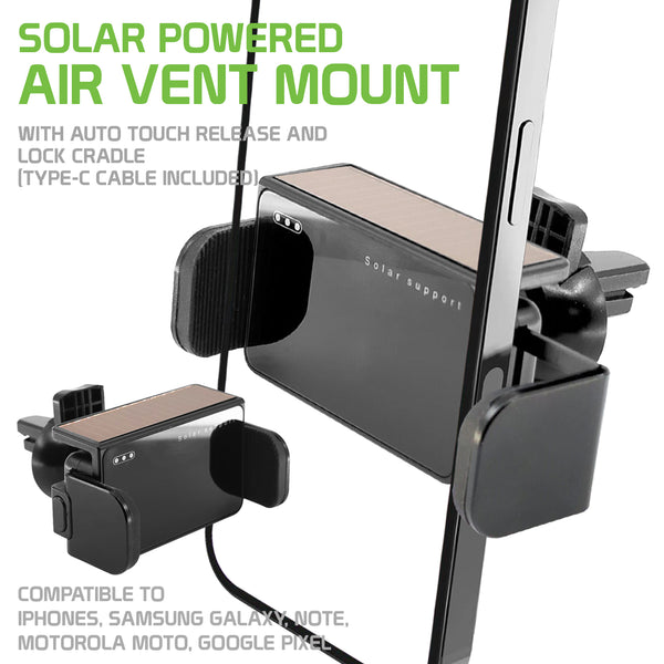 PHSOL188 - Solar Powered Air Vent Mount With Auto touch Release and Lock Cradle (Type-C cable Included) Compatible to iPhones, Samsung Galaxy, Note, Motorola Moto, Google Pixel