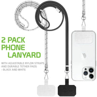 STLANY02 ~ 2-Pack Phone Lanyard, Universal Phone Lanyard with Adjustable Nylon Straps and Durable Tether Pads Compatible to iPhone 12 Pro Max, 12 Pro, 12, Samsung Galaxy S21, S21 Plus, S21 Ultra and More - Black and White