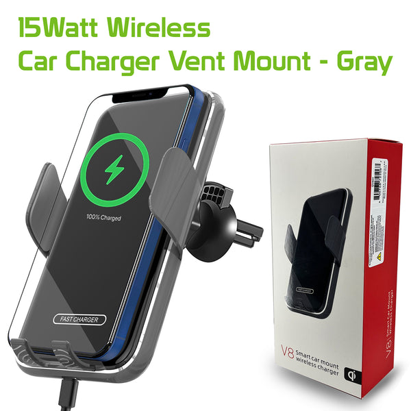 QIV8GY-Wireless Charging Air Vent Mount, Fast Wireless Charging 15 Watt Phone Holder Mount with Auto touch Release and Lock Cradle and 360 Degree Rotation Compatible to iPhone 13, 13 Pro, 13 Pro Max and 13 Mini and More - Gray