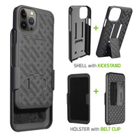 HLIPH13P - iPhone 13 Pro Holster, Shell Holster Kickstand Case with Spring Belt Clip for Apple iPhone 13 Pro – Black – by Cellet