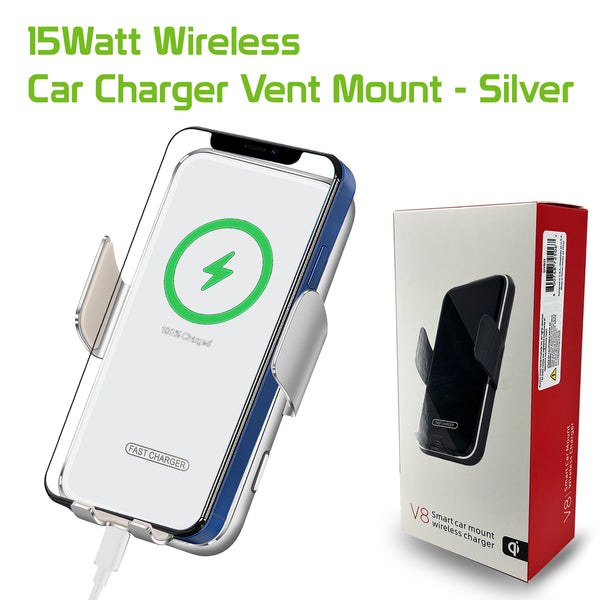 QIV8SL-Wireless Charging Air Vent Mount, Fast Wireless Charging 15 Watt Phone Holder Mount with Auto touch Release and Lock Cradle and 360 Degree Rotation Compatible to iPhone 13, 13 Pro, 13 Pro Max and 13 Mini and More - Silver