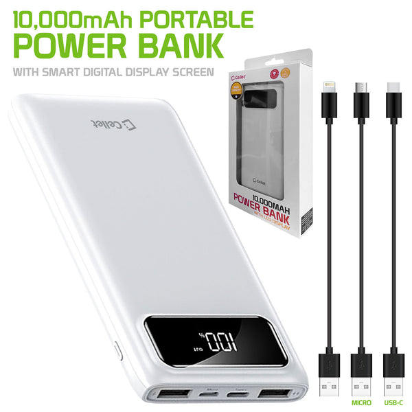 BA10002WT - 10,000mAh Portable Power Bank with Smart Digital Display Screen Compatible with iPhones Samsung Galaxy, Note, Motorola Moto, Google Pixel - White